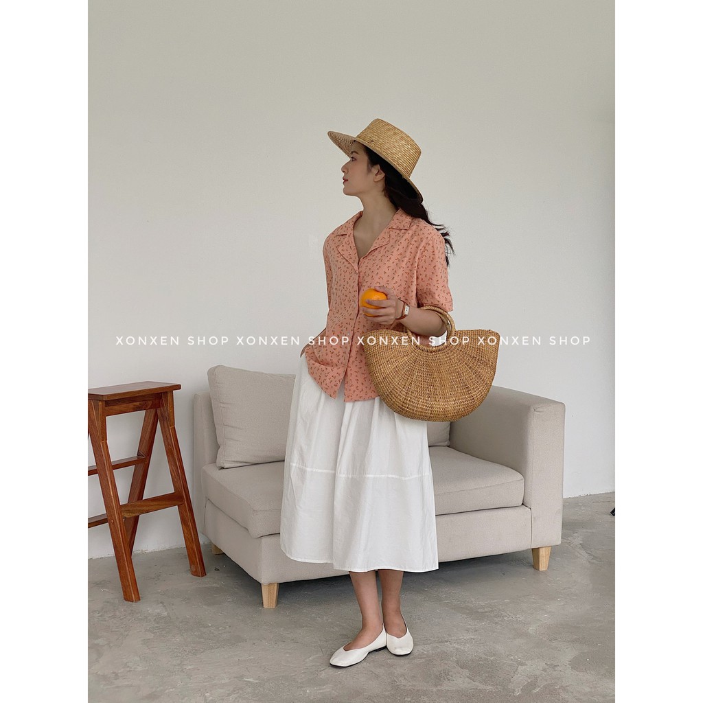 Sơ mi hoa nhí, áo sơ mi nữ cổ vest dễ thương XONXEN SHOP freesize mã 8821