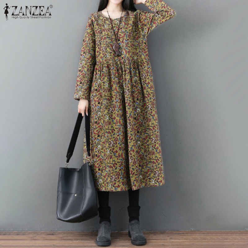 ZANZEA Đầm Maxi Tay Dài Cổ Tròn Dáng Dài Rộng Thời Trang Hàn Quốc
