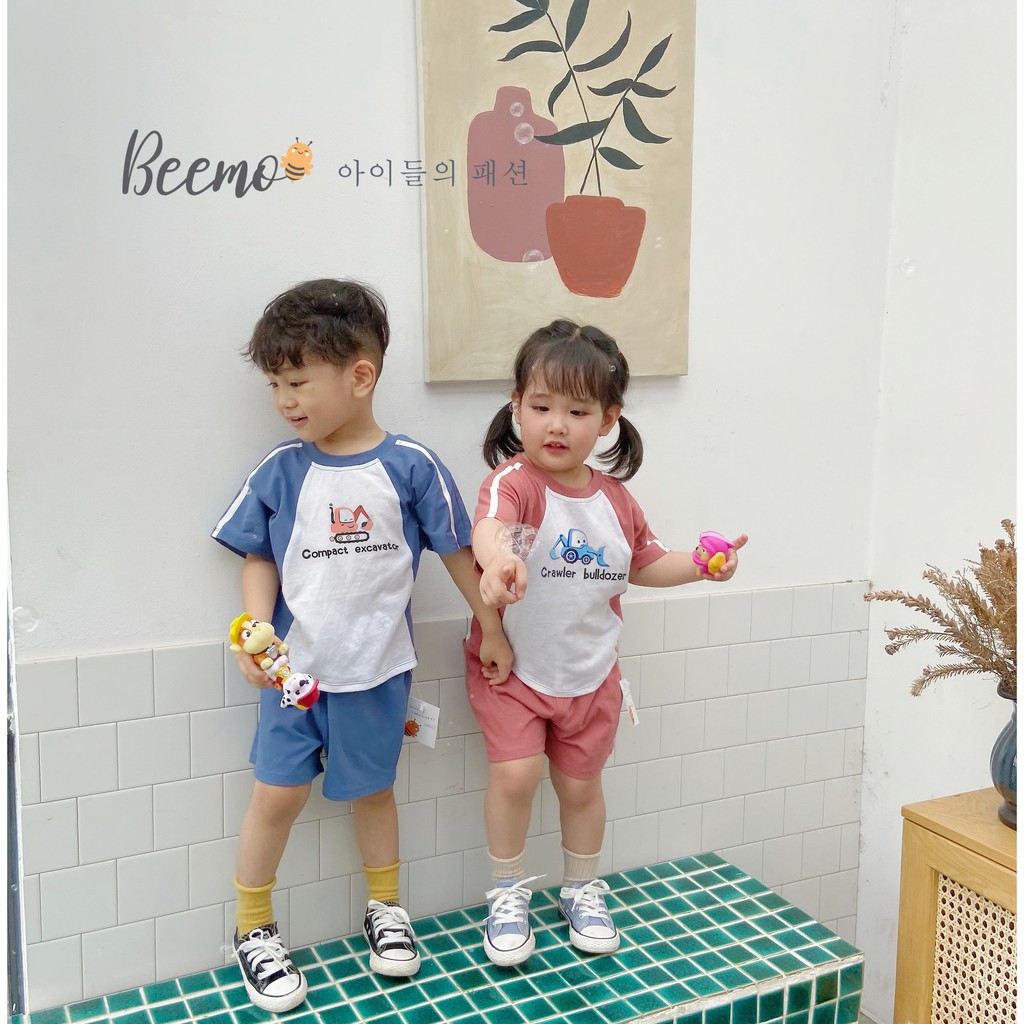 Bộ cotton hoạ tiết xe cần cẩu cho bé, set đồ mặc nhà  unisex  đẹp mát