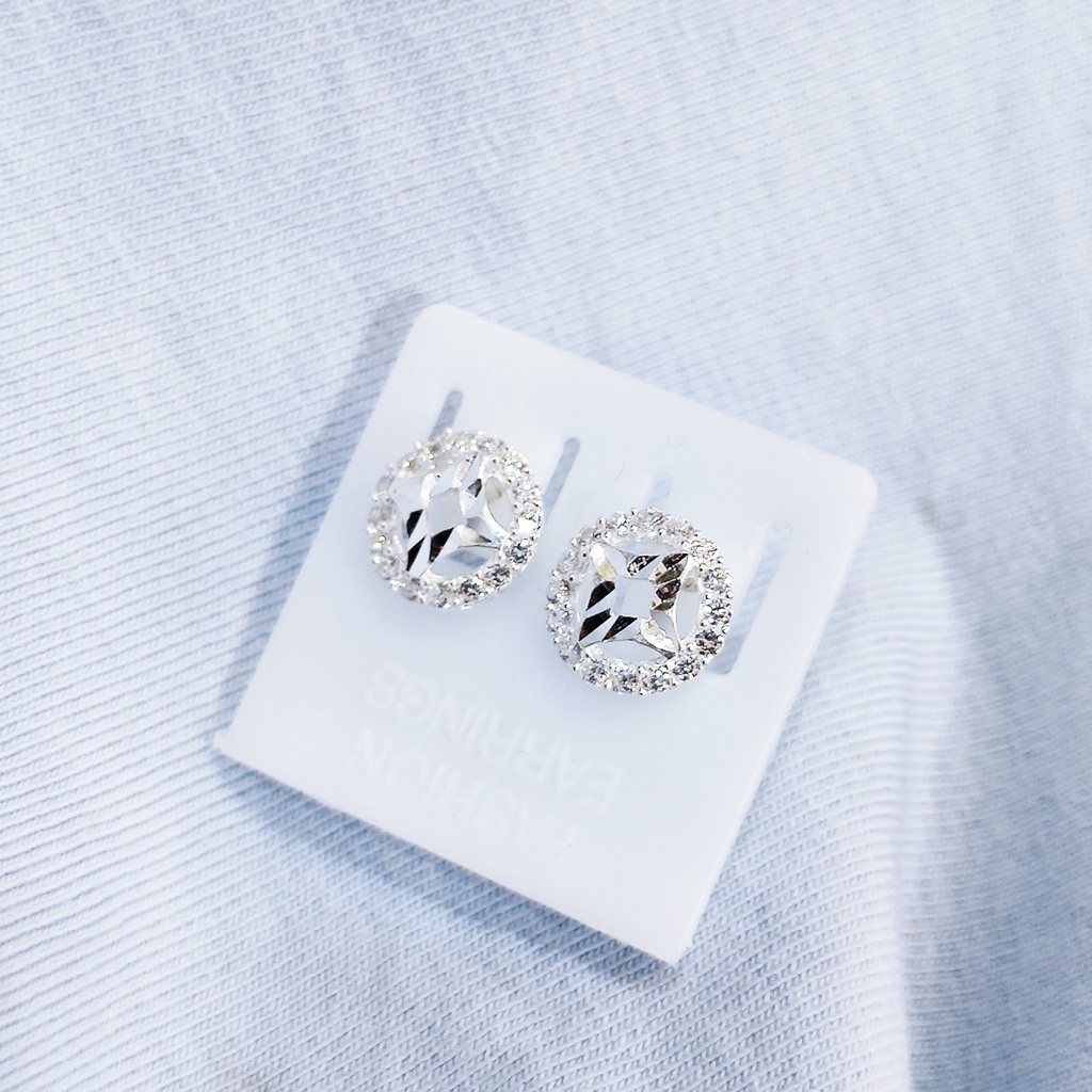 Bông tai bạc Bông mặt kim tiền nạm đá trắng Van Jewelry V10386 hàng công nghệ phay sáng