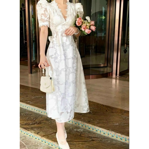 Đầm Midi phối ren tay phồng