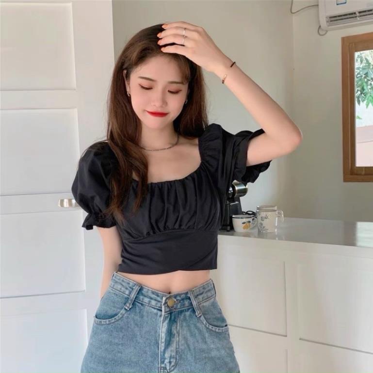 Áo Croptop thắt nơ sau lưng - áo kiểu croptop cổ U tay phồng . mã A32