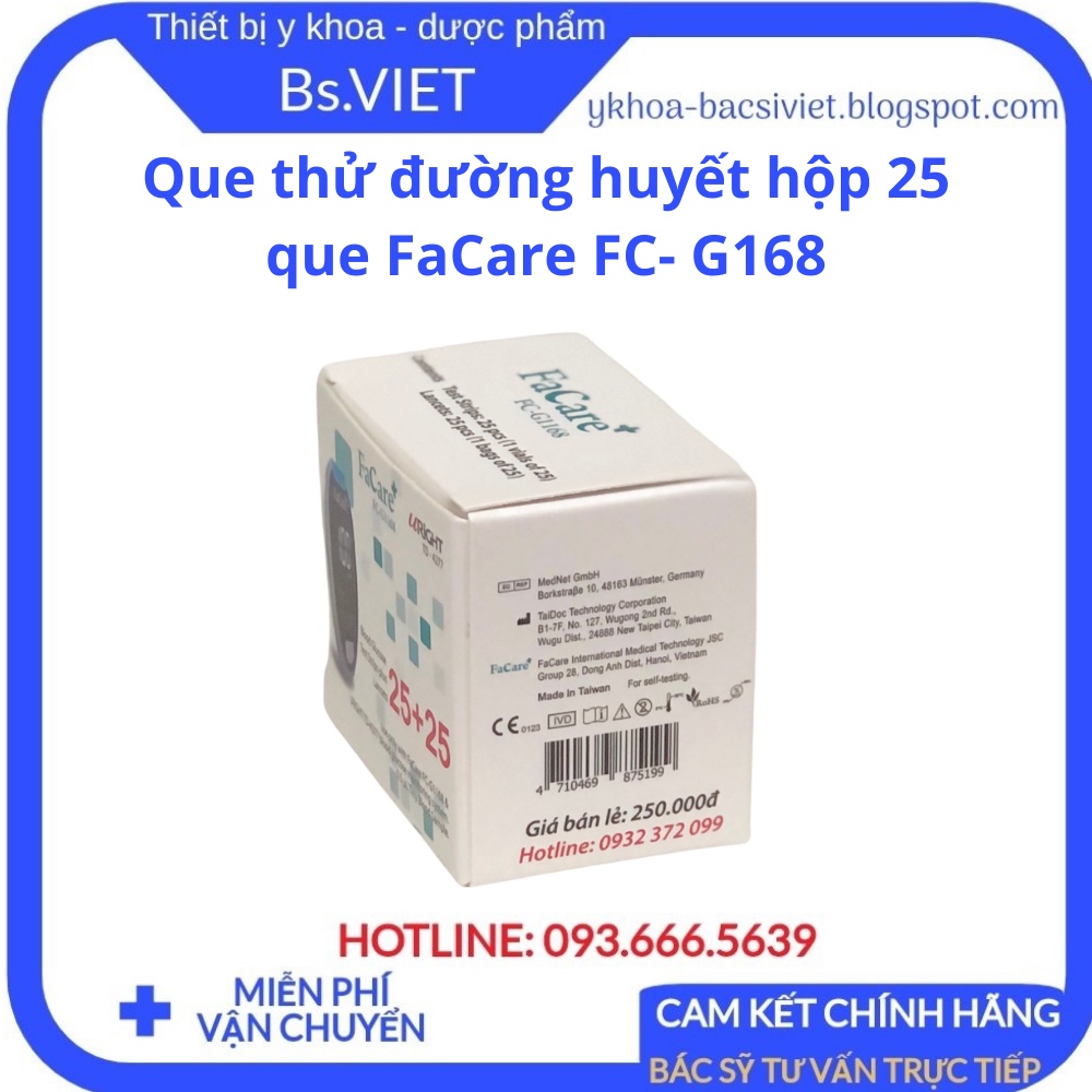 Que thử đường huyết hộp 25 que dùng cho máy đo đường huyết Facare FC- G168 - Hộp 25 que test đường huyết -Bsviet