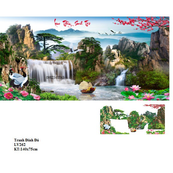 Tranh đính đá phong cảnh non nước hữu tình KT;140x75cm. Tranh gắn đá tự làm.