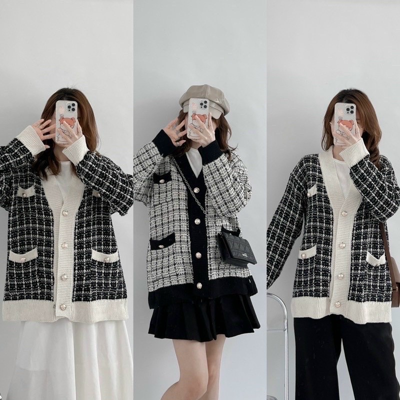 Áo khoác cardigan caro kẻ viền đen