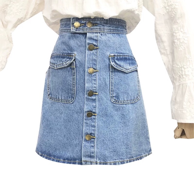 (Order) Có bigsize - Chân váy chữ A jeans cài cúc dọc phối 2 túi trc | BigBuy360 - bigbuy360.vn