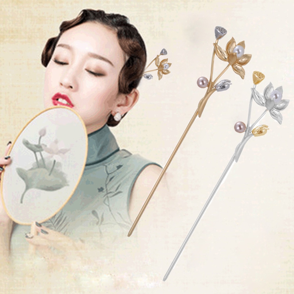 Trâm cài tóc kim loại hình hoa sen đính ngọc trai giả thời trang cho nữ