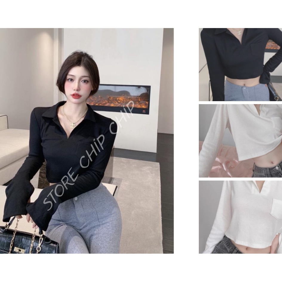 giá rẻ Áo Croptop rt Nữ Cổ V Nữ Dài Tay Cổ Bẻ Freeesize Dưới 59kg Mặc Đẹp
