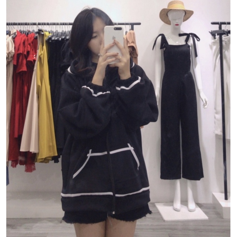 Áo khoác Hoodie viền tay bồng PEONYB - Jacket nỉ form rộng khoá zip có mũ oversize phong cách Ulzzang