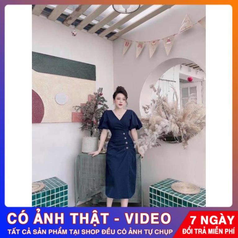 Đầm công sở maxi cổ V tay bí