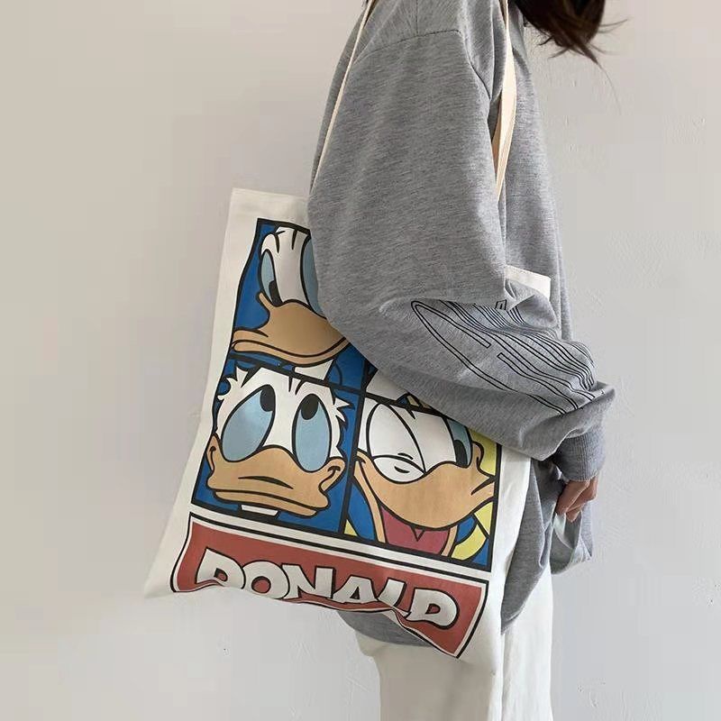 Túi xách Canvas có khóa kéo họa tiết vịt donald hoạt hình phong cách Nhật bản