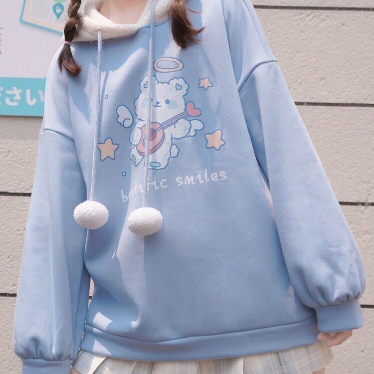 Áo hoodie nhung dày xinh xắn phong cách Nhật Bản thời trang dành cho nữ