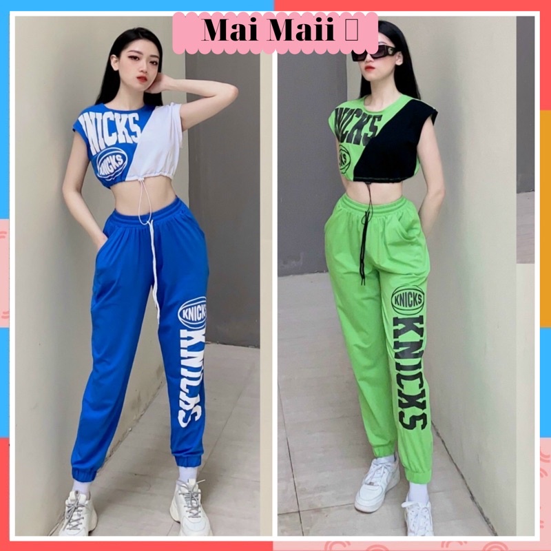 Bộ thể thao nữ, bộ tập gym nữ KNICK quần jogger form rộng với croptop rút eo cá tính tập gym, yoga, zumba..