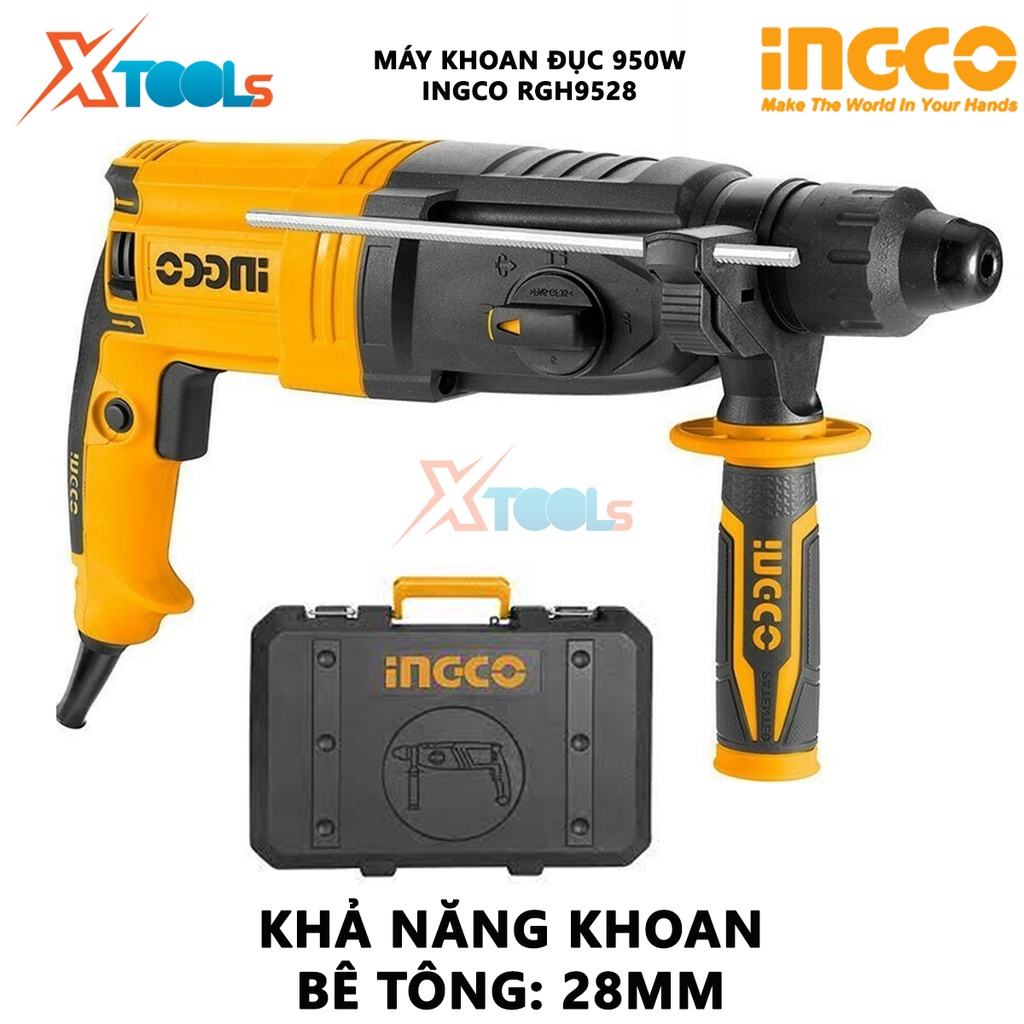 Máy khoan búa dùng pin 3 chức năng 950w Ingco RGH9528 đầu gài sds plus, tốc độ 1050rpm, tốc độ búa 4670bpm, lực búa 2,5j