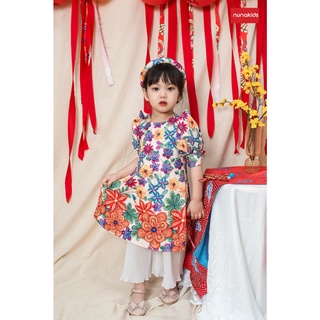 Set áo dài cách tân tết cho bé gái họa tiết hoa 3D chất liệu vải chéo Thái cao cấp