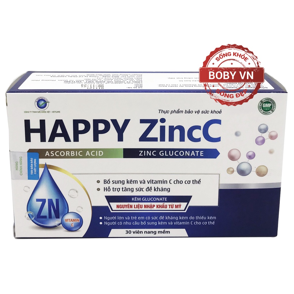 Happy Zincc bổ sung kẽm và vitamin C hỗ trợ tăng sức đề kháng - (Hộp 30 viên) - Boby
