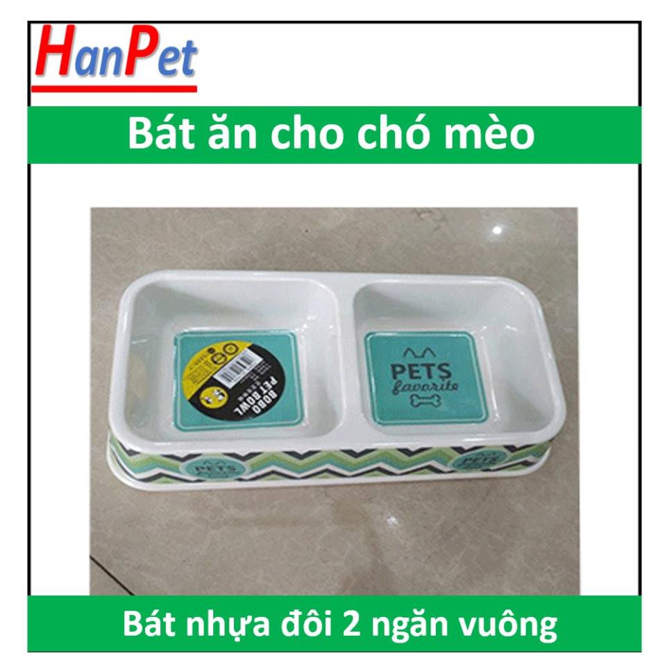 Hanpet.GV- Bát nhựa đôi cao cấp (bát bobo 2 ngăn vuông) bát ăn chó mèo 2 ngăn