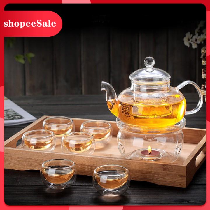 Bộ Ấm Trà Thuỷ Tinh Cao Cấp 600ml Có Lõi Lọc Ấm Trà Hoa Cúc Thủy Tinh Chịu Nhiệt Tặng 6 Chén Đế Đun Trà Nến