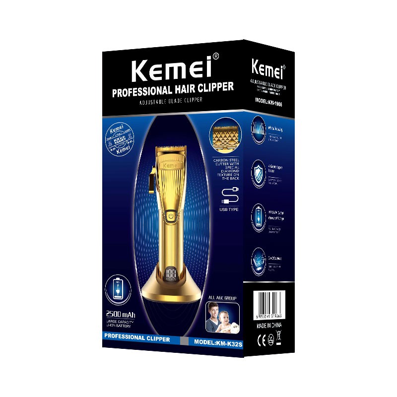 Kemei LED Display Hair Clipper All Metal Body Diamond Blade with 8 Color Coded Cutting Guides