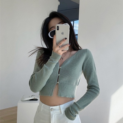 QKOOLE  Áo cardigan dệt kim tay dài cổ chữ v phong cách Hàn Quốc xinh xắn cho nữ