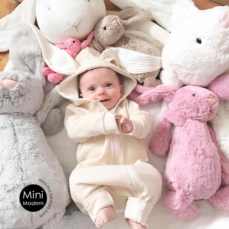 Bộ Áo Liền Quần Tay Dài Có Mũ Trùm Thời Trang Xuân Thu Cho Bé Sơ Sinh