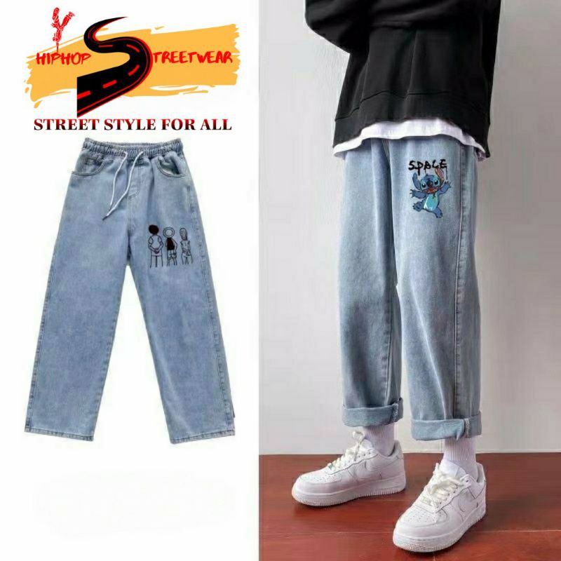 Quần Jean Ống Rộng Nam Nữ Cạp Chun In Hình Phong Cách HIPHOP STREETWEAR UNISEX Dễ Phối Phù Hợp Đồ Đi Học Đi Chơi Dạo Phố