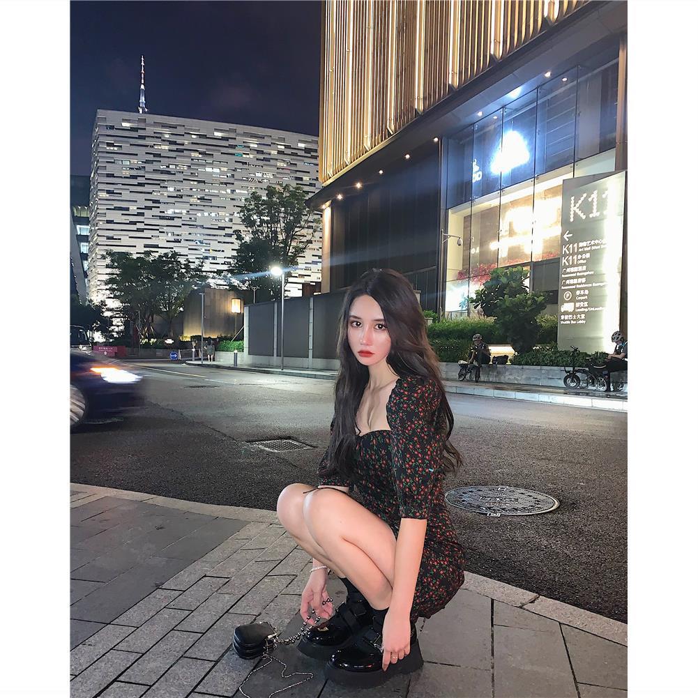 COZOK Đầm tay phồng cổ vuông họa tiết hoa phong cách retro