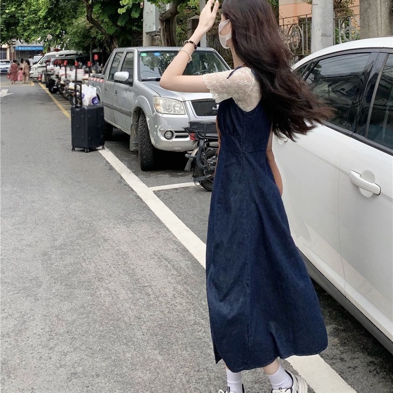 Set Áo Thun Phối Ren + Váy Yếm Denim Xẻ Tà Thời Trang Mùa Hè Mới