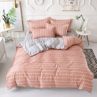 [Giá rẻ] Set Chăn Ga Poly Kẻ Hồng Đỗ Uy tín