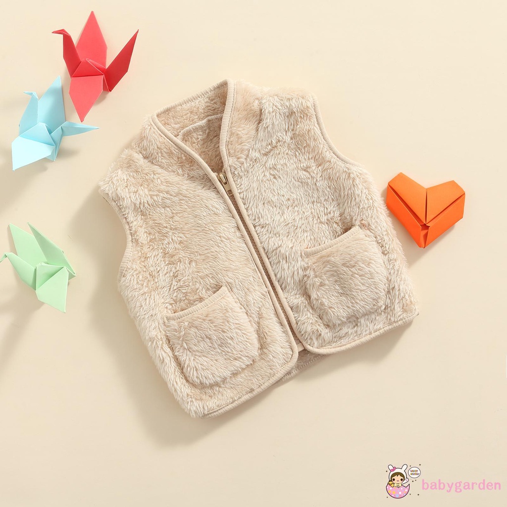Áo khoác lông không tay cổ chữ V có túi và khóa kéo màu sắc trơn dành cho bé trai bé gái