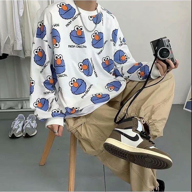 Áo Hoodie Nam Large Size Long-sleeved Sweater Boys Korean Loose Round Neck Thin Hip-hop Cartoon Print Tops | BigBuy360 - bigbuy360.vn