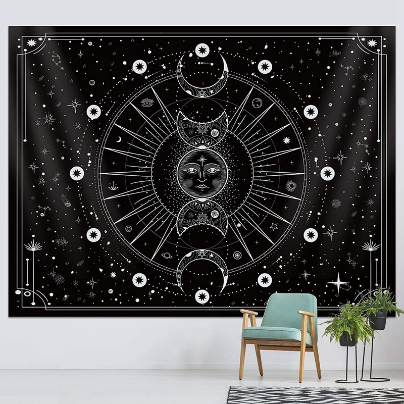 Sun and Moon Tapestry Wall Hangings,Stars and Space Psychedelic Black and White Wood Panel Tapestry for Home Wall Decor