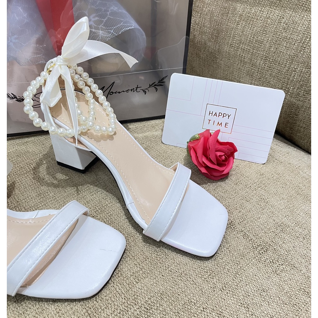 Sandal da mịn quai ngang buộc nơ hạt ngọc cực xinh - 7P
