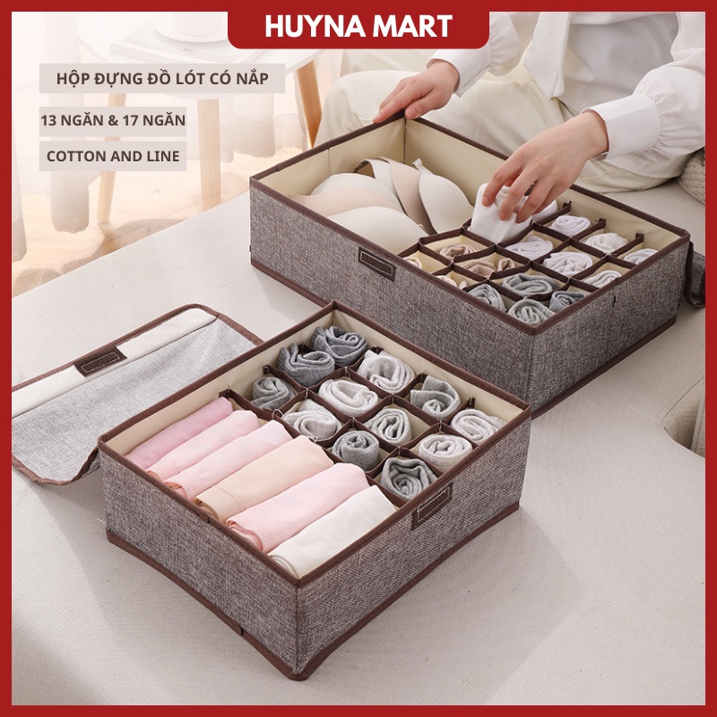 Hộp vải đựng đồ lót, vớ, tất nhiều ngăn, có nắp, vải lanh cao cấp, có thể gấp gọn Huyna Mart TD36