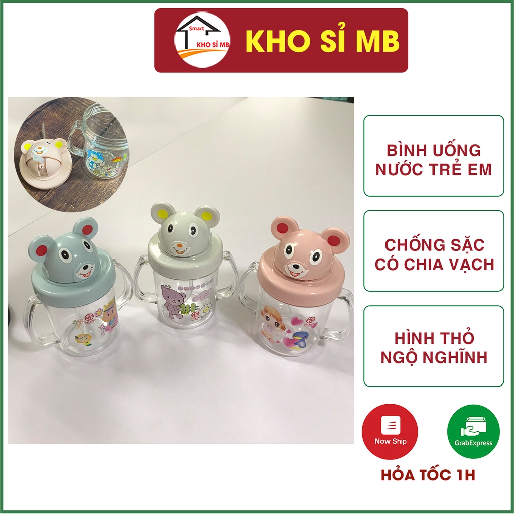 Bình tập uống nước cho bé chống sặc có tay cầm, bình nhựa tập hút cho trẻ có vạch chia hình thỏ kho sỉ mb