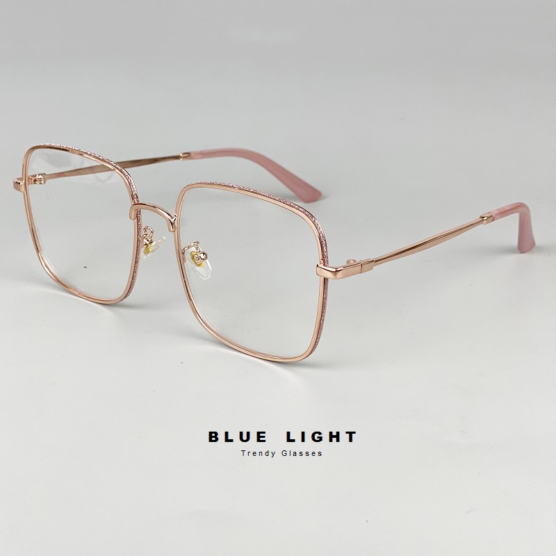 Gọng Kính Cận, Kính Giả Cận Nam Nữ, Mắt Vuông To Viền Nhũ Ánh Kim, Gọng Kim Loại Cứng Cáp Bạc Đen Hàn Quốc - BLUE LIGHT