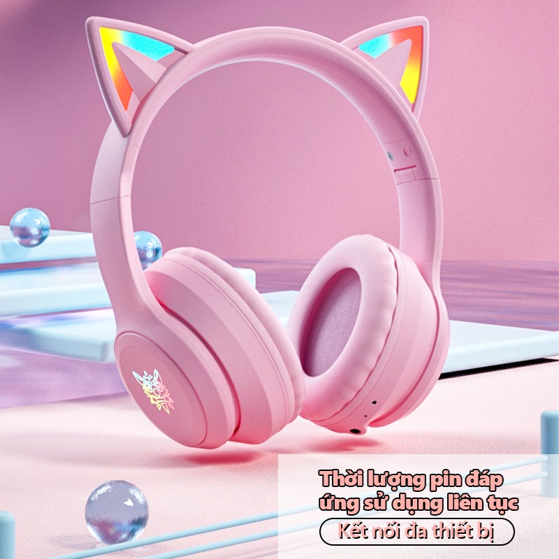 Tai nghe Chụp tai Mèo Không dây Có mic ONIKUMA B90 Màu hồng Bluetooth 5.0 Tay Headphone Gaming Có Đèn RGB, Cho PC Laptop