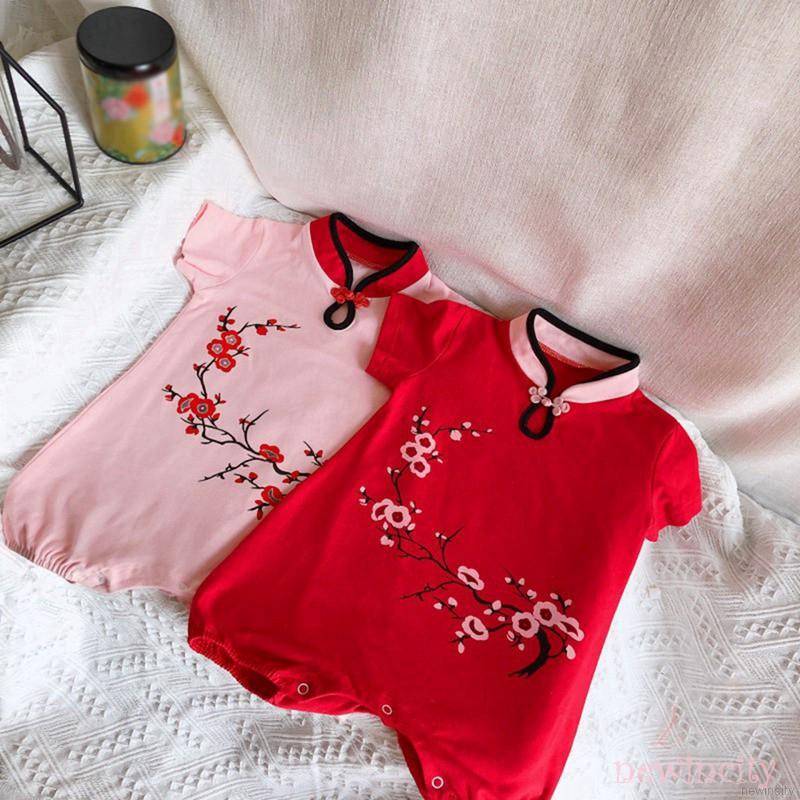 Bộ áo liền quần ngắn tay in hoa kiểu cổ điển cho bé gái sơ sinh