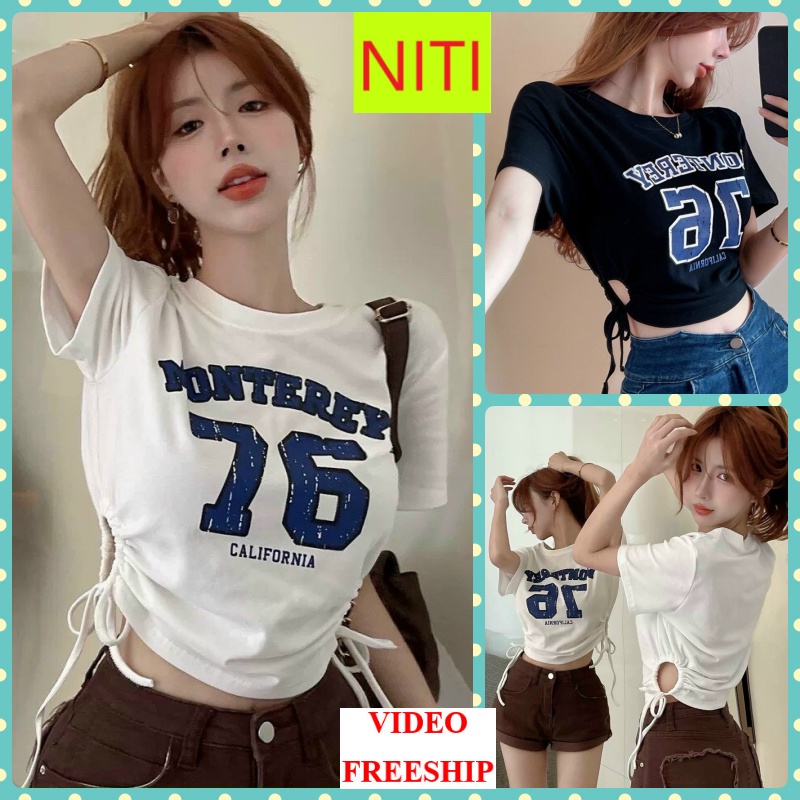 ÁO CROPTOP KIỂU LỬNG NỮ CỔ TRÒN NGẮN TAY IN 76 KHOÉT TRÒN 2 HÔNG PHỐI DÂY RÚT MÀU TRẮNG MÀU ĐEN SIÊU NGẦU CỰC CÁ TÍNH