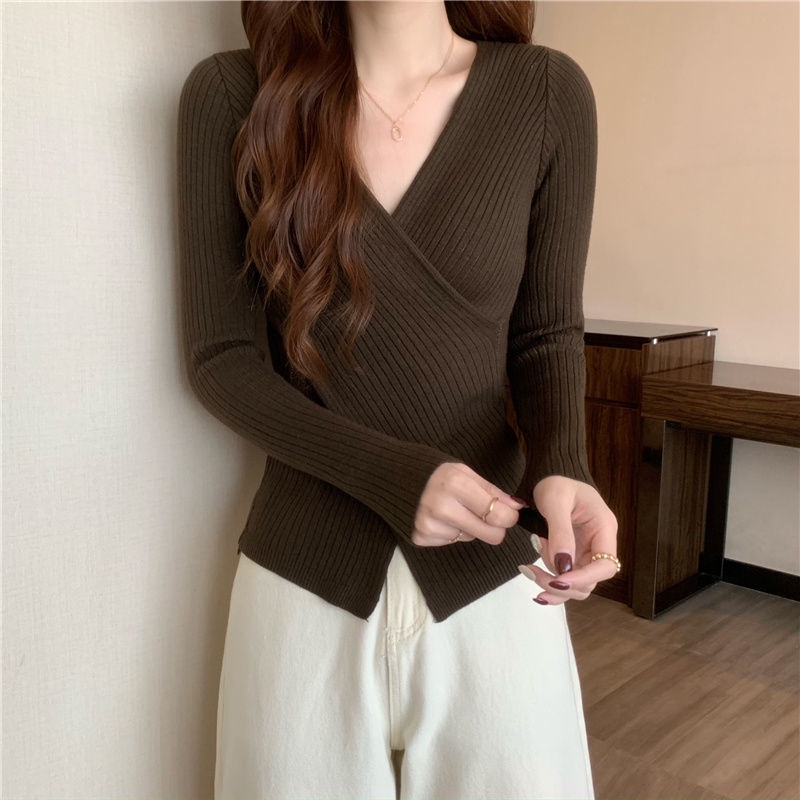 COZOK Áo sweater Tay Dài Cổ Chữ V Dáng Ôm Xẻ Tà Quyến Rũ Trẻ Trung