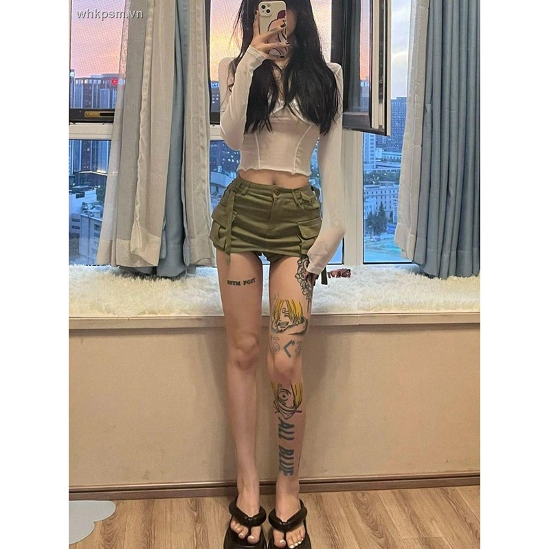 Chân Váy Denim Lưng Thấp Phối Túi Phong Cách Retro Mỹ Quyến Rũ Cho Nữ