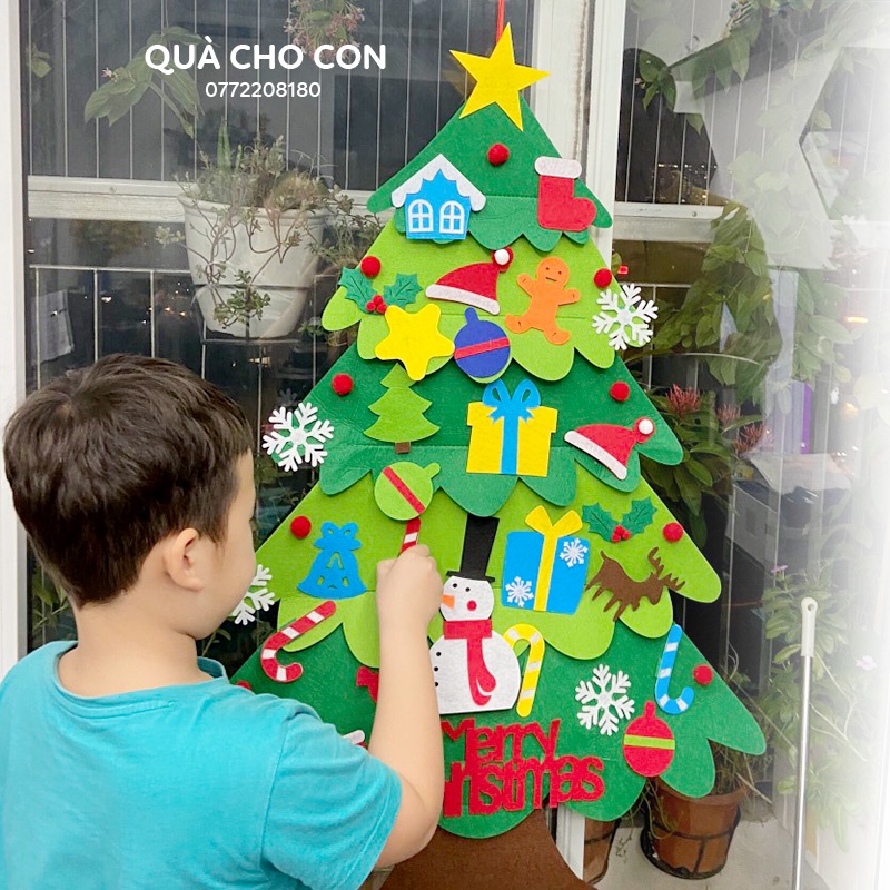 CÂY THÔNG VẢI DẠ TREO TƯỜNG 32 CHI TIẾT (tặng kèm dây đèn nhấp nháy)