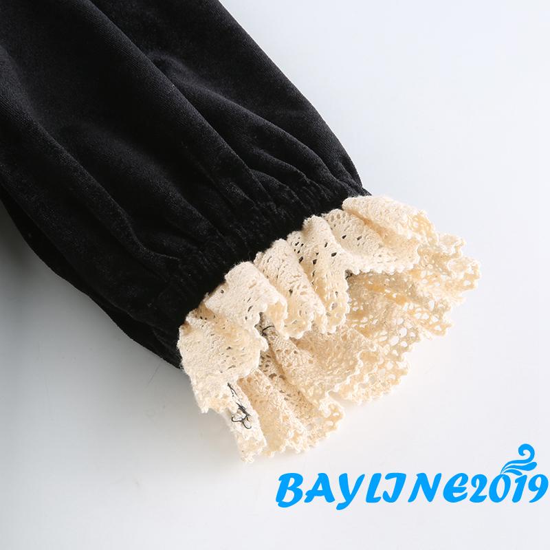 Đầm tay dài cổ vuông dáng chữ A màu đen phối ren thời trang cho nữ