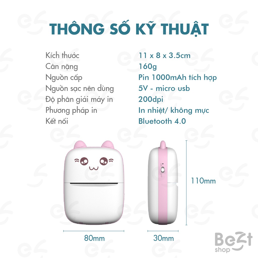 Máy in nhiệt mini, máy in mini sắc nét đáng yêu cho văn phòng, học sinh, sinh viên