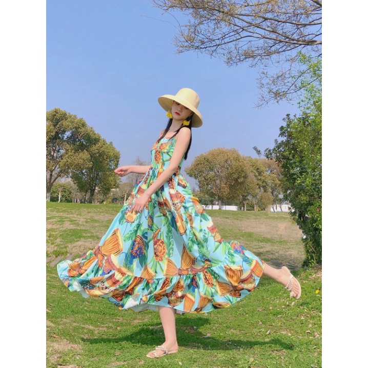 Váy hoa maxi LUHAZO 2 dây đi biển đi chơi hở lưng dáng dài rộng bigsize kiểu sang chảnh Hàn Quốc dk7t503