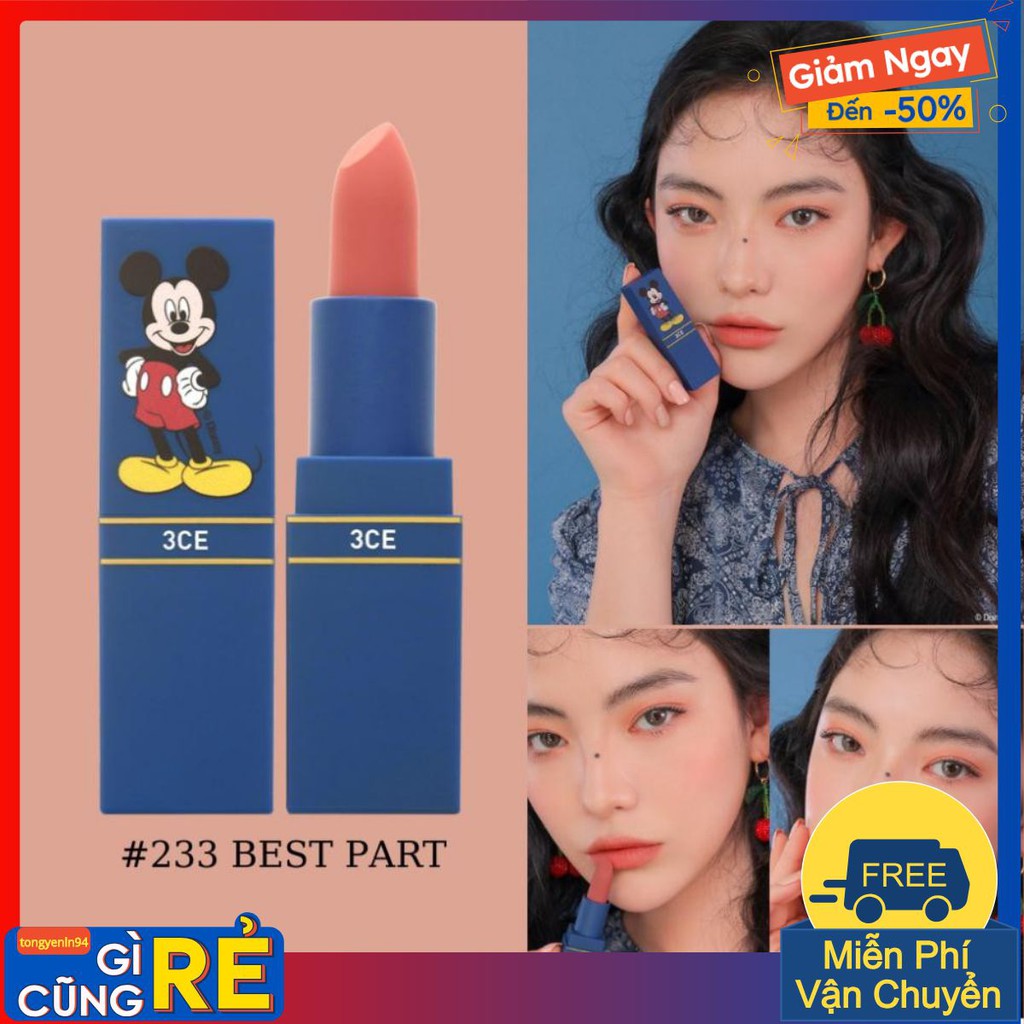 Son thỏi lì 3CE Mickey 233 BEST PART màu cam san hô - bản giới hạn( có Bill)