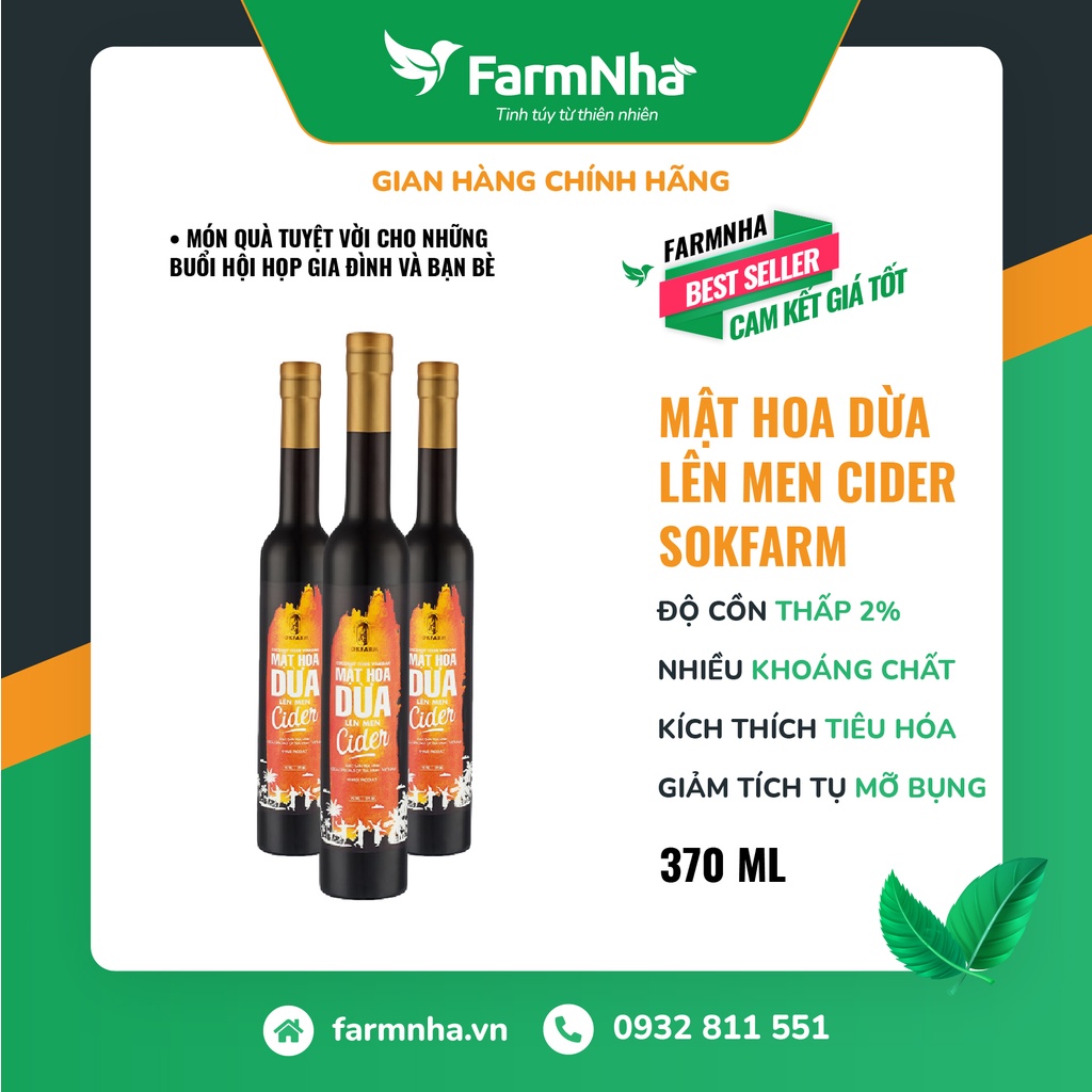 Mật Hoa Dừa Lên Men Cider Sokfarm 375ml 100% Organic chuẩn FDA Hoa Kì - Giàu Chất Điện Giải, Hỗ Trợ Tiêu Hoá