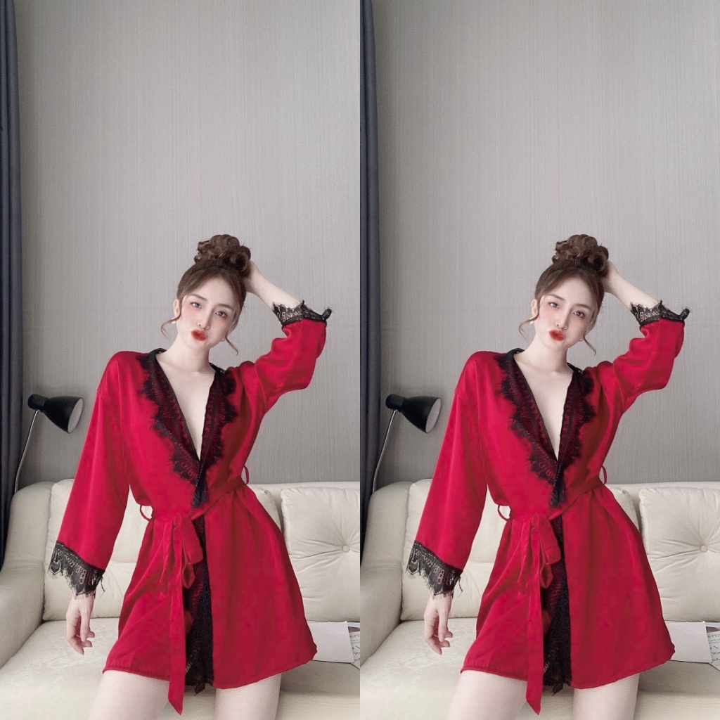 Áo Choàng Ngủ, Áo Choàng Ngủ Sexy Lụa Satin Phối Ren Gợi Cảm Sang Trọng Freesize - Linqustore