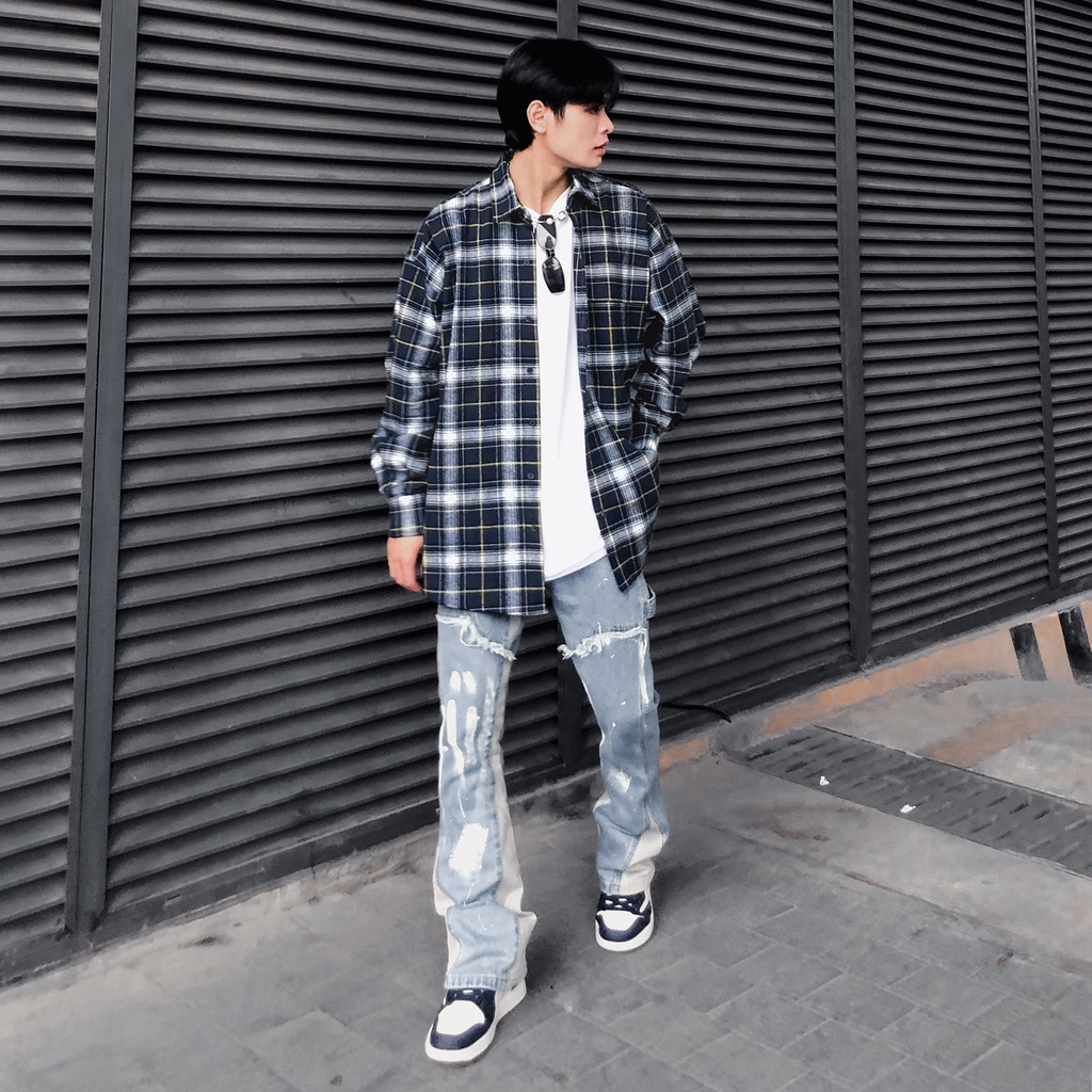 Áo Sơ Mi Flannel Màu Xanh Sọc Trắng Form Rộng Thoải Mái Chất Liệu Cotton Thoáng Mát