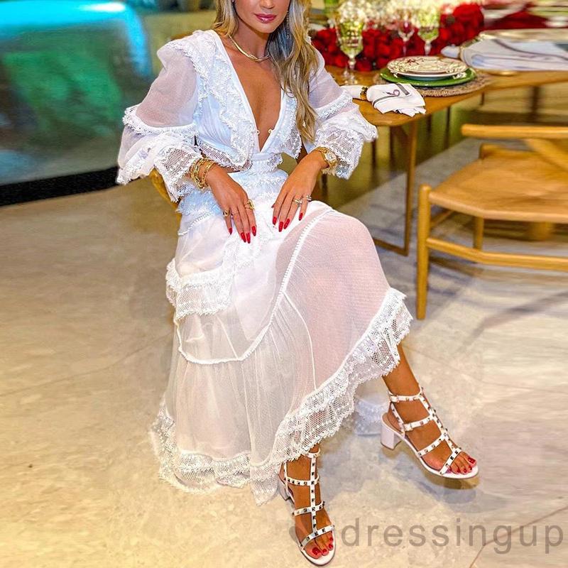 Đầm Dài Tay Phối Ren Xinh Xắn Dành Cho Nữ